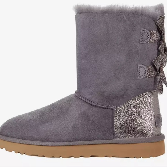 NEW! UGG Bailey Bow Glitz Real Shearling Mid-Calf Boots Gray Sheepskin Sz 10 - Picture 6 of 15